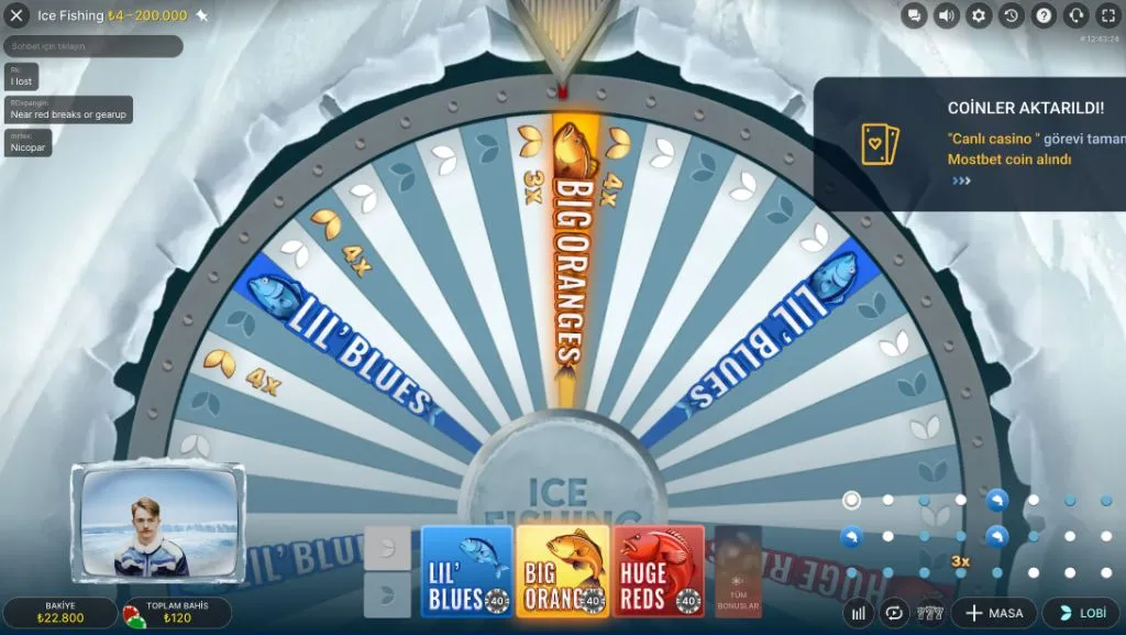 Ice Fishing mobil ekranda çarpanlı tur: Big Oranges 4x segmenti ve çarpan işaretli çark